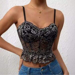 Embroidered Black & Silver Lace Pleated Corset Tank Top Size:M EUC